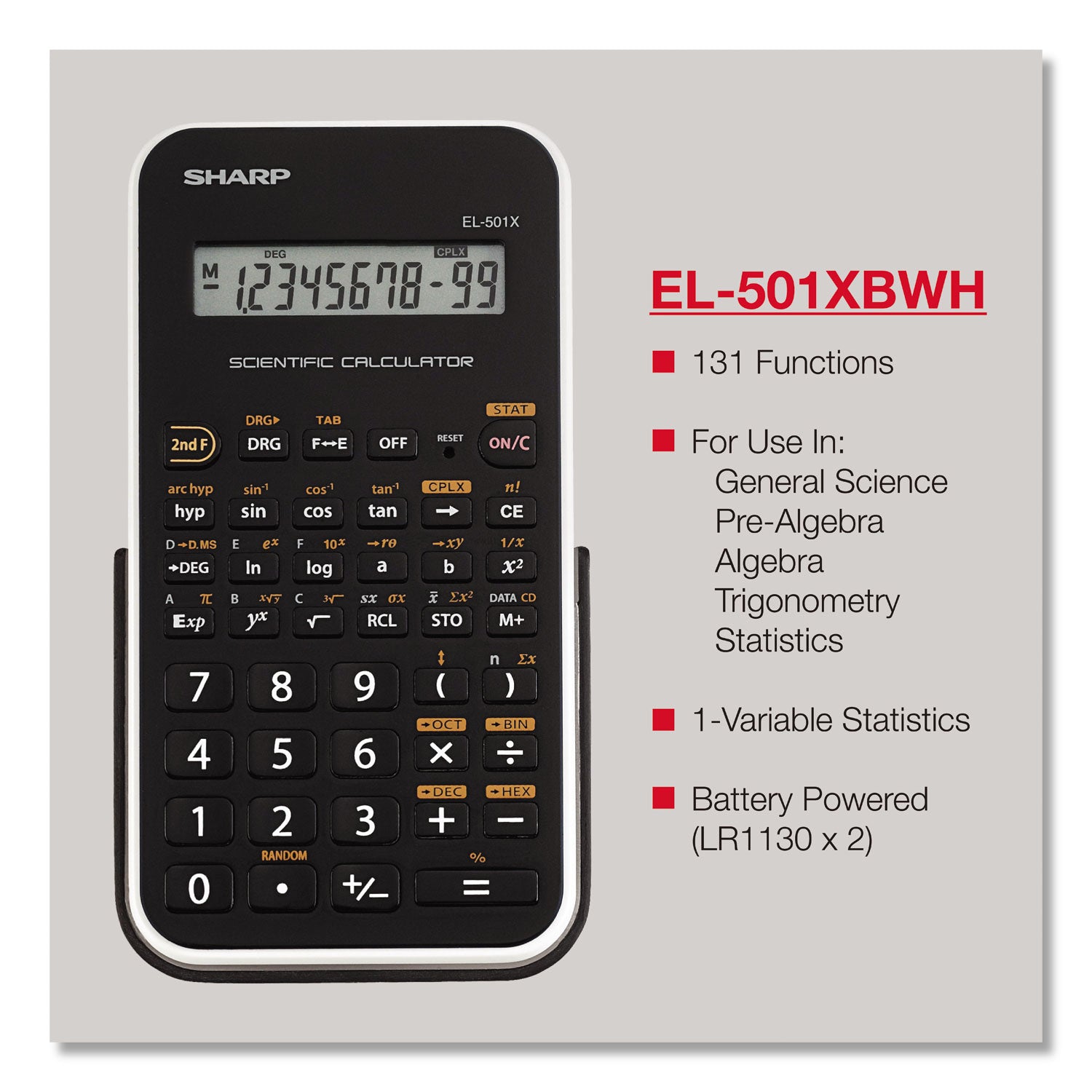 146 Functions - Battery Powered, Large LCD, Durable, Hard Case - 1 Line(s) - 10 Digits - LCD - Battery Powered - 2 x LR1130 - 5.1" Height x 3.1" Width x 0.5" Depth - Black, White - 1 Each