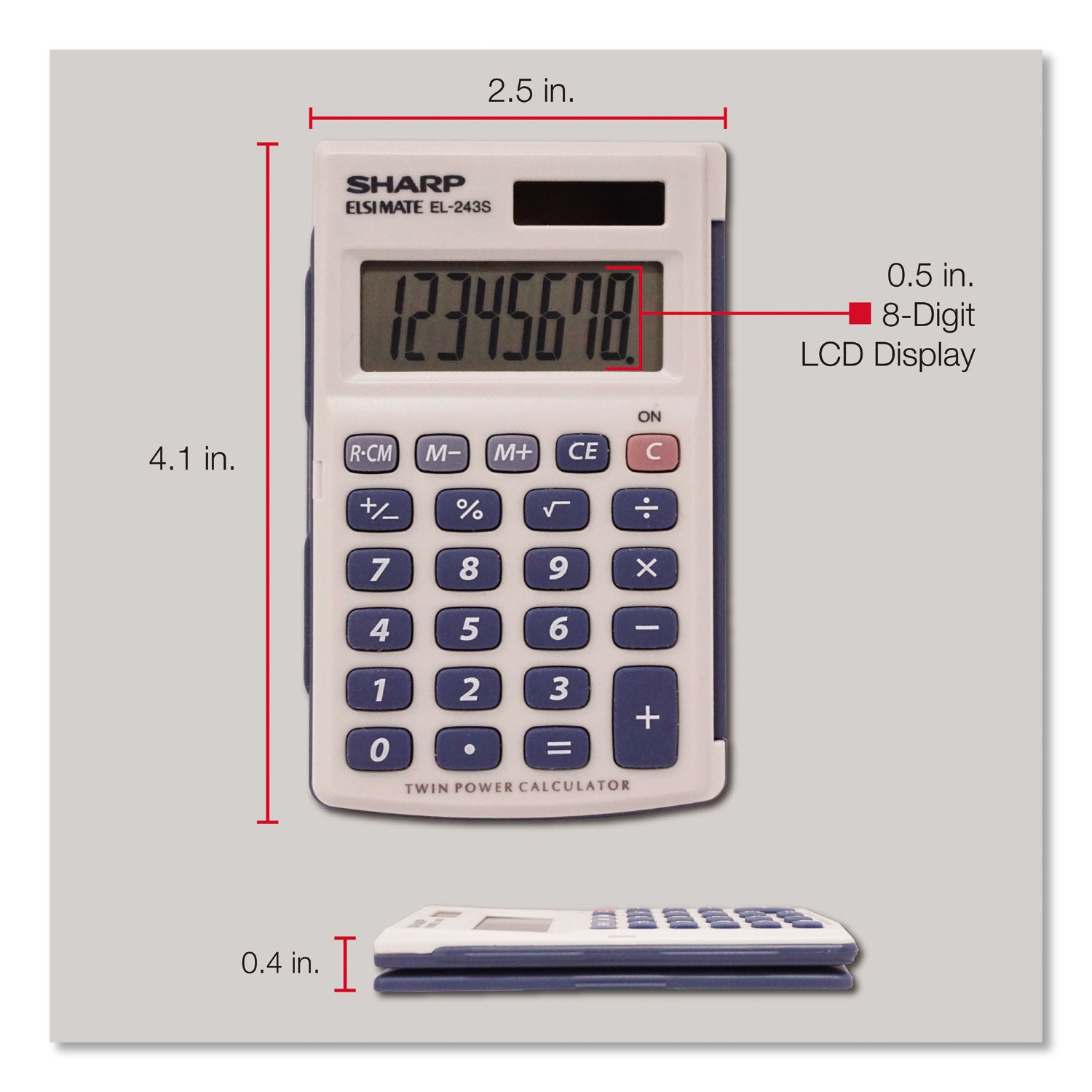 3-Key Memory, Sign Change, Auto Power Off - 8 Digits - LCD - Battery/Solar Powered - 1 x LR1130 - 0.4" Height x 2.5" Width x 4.1" Depth - Gray, Blue - 1 Each