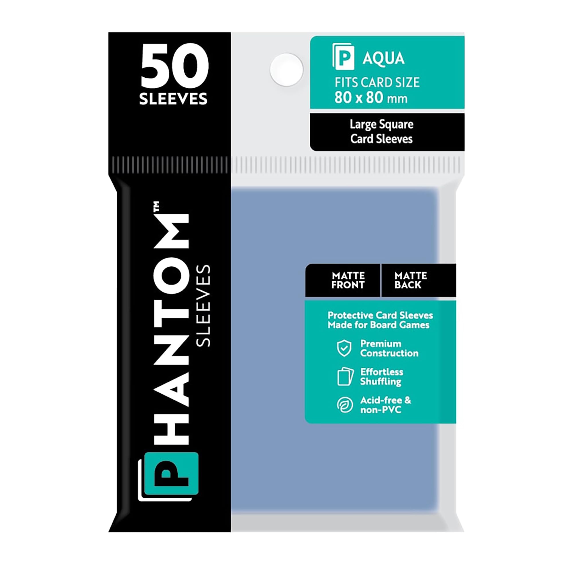 Phantom Sleeves: Aqua Size 80 x 80mm: Matte Front/Back - 50 Pack - Transparent Protective Card Sleeves for Board Games, Trading Cards & Card Games