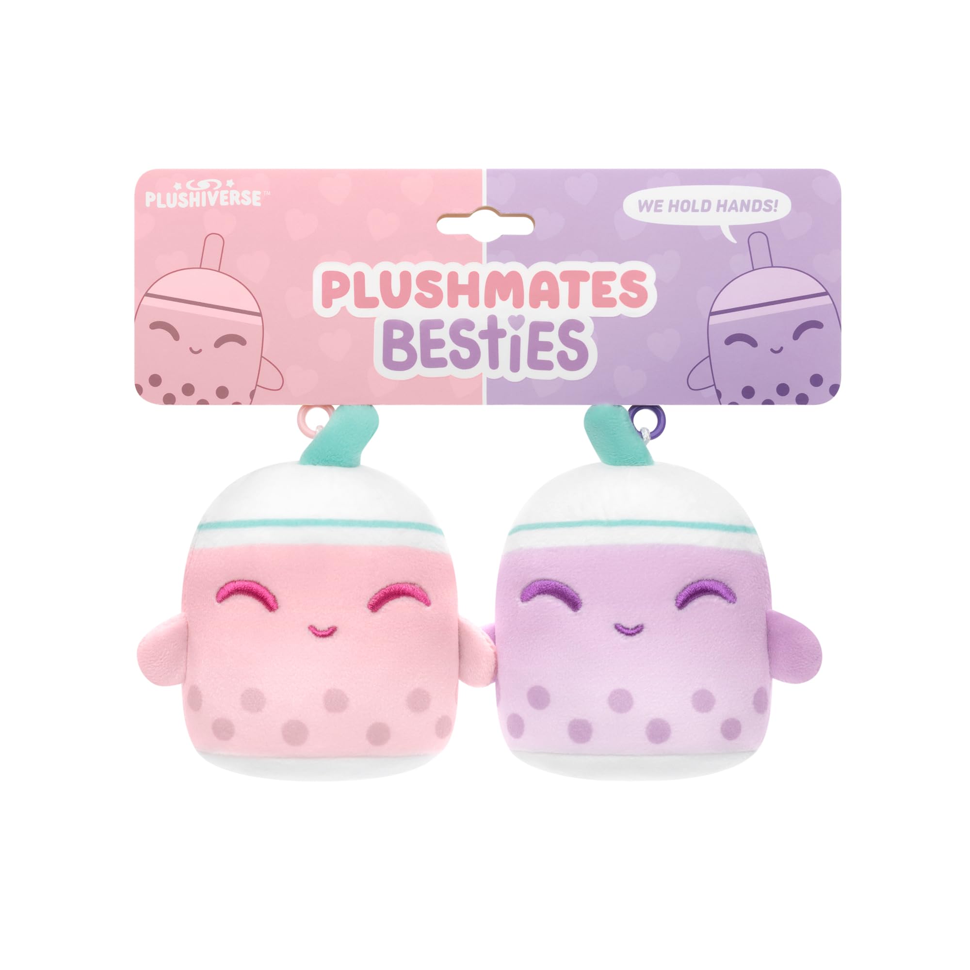 TeeTurtle Plushiverse - Plushmates Besties Keychain Set - Valentine’s Day - Cute Kawaii Pink And Purple Bobas - Novelty Clip-On Plush With Magnetic Hands