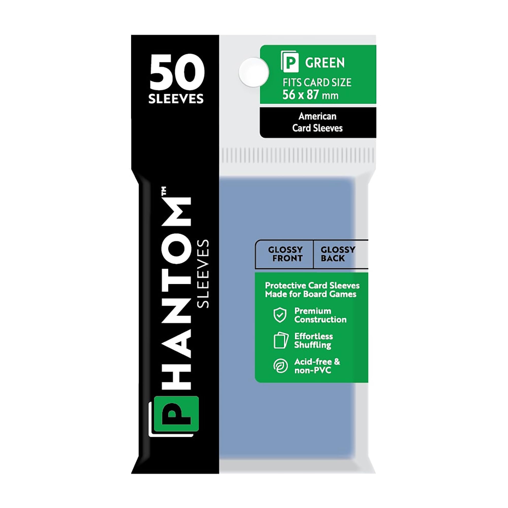 Phantom Sleeves: Green Size 56 x 87mm: Glossy Front/Back - 50 Pack - Transparent Protective Card Sleeves for Board Games, Trading Cards & Card Games