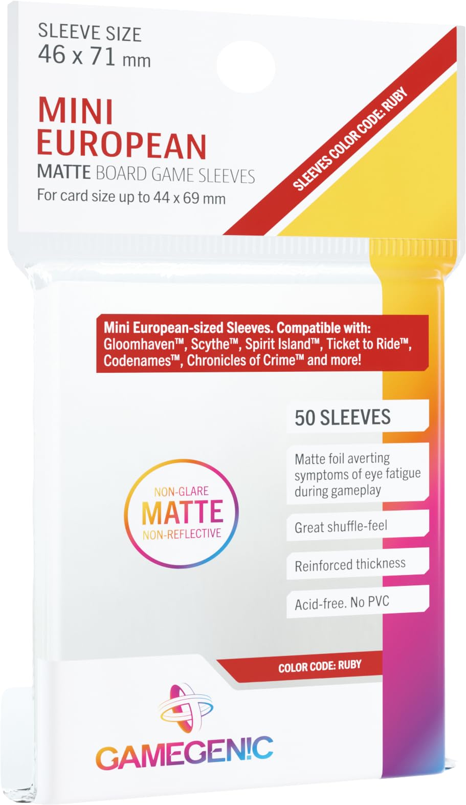 Matte Board Game Sleeves | Pack of 50 Matte Sleeves |46 by 71 mm Card Sleeves Optimized for Use with Mini European Card Games | Premium Card Protection | FFG Ruby Color Code | Made by Gamegenic