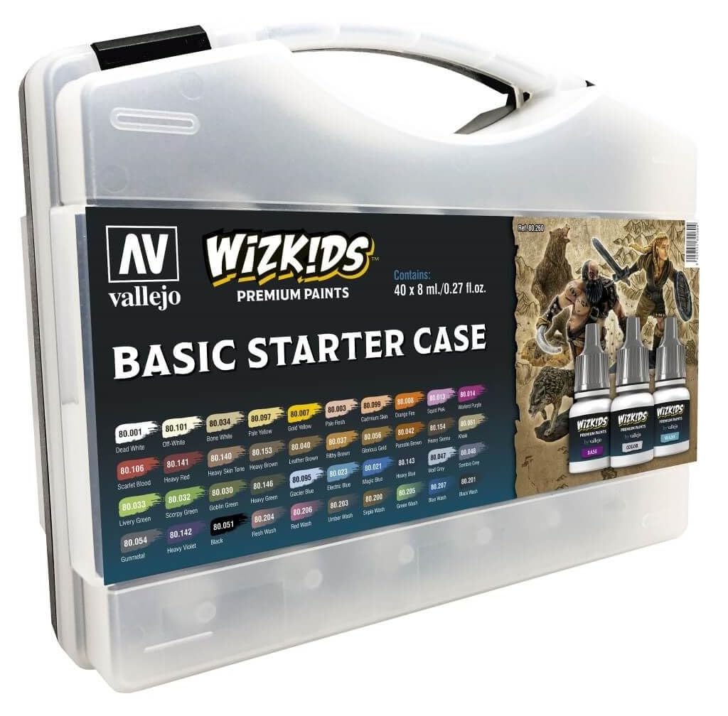 Vallejo - Wizkids Basic Starter Case | Game Color | Premium Acrylic Paint Set for Modeling Painting | Colors and Washes Assortment | 40 bottles x 8 ml (0.27 fl.oz) and a Round Synthetic Brush Included
