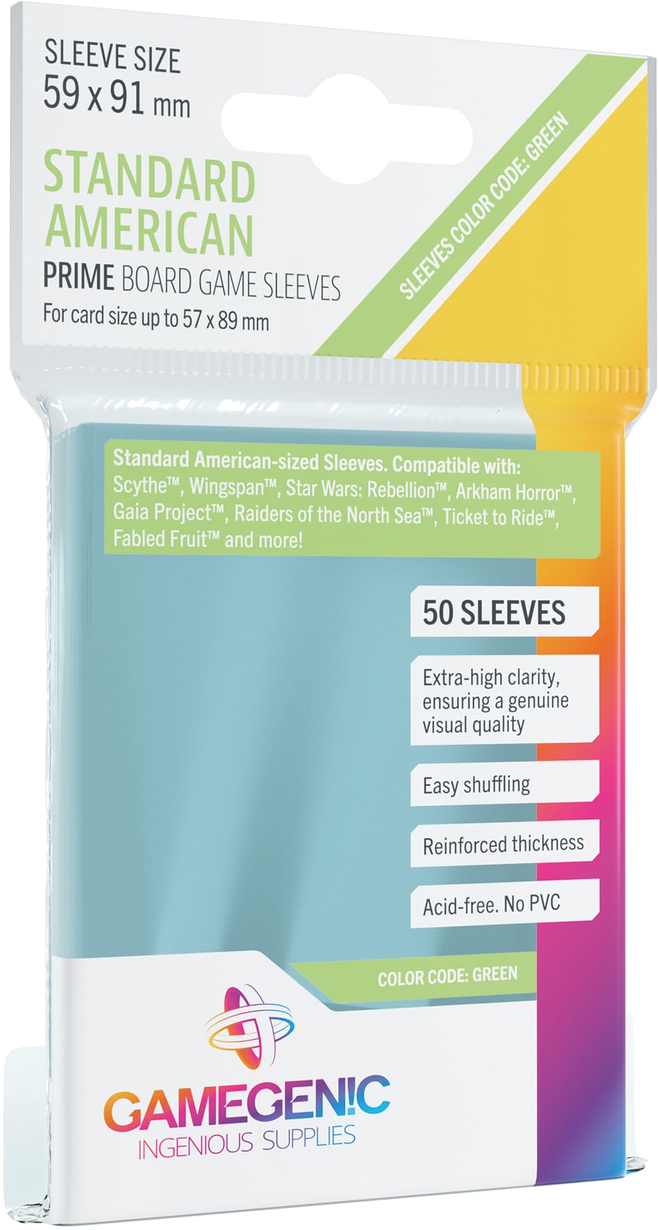 Prime Board Game Sleeves | Pack of 50 Extra-Clear Sleeves | 59 by 91 mm Card Sleeves Optimized for Standard American Card Games | Premium Card Protection | FFG Green Color Code | Made by Gamegenic