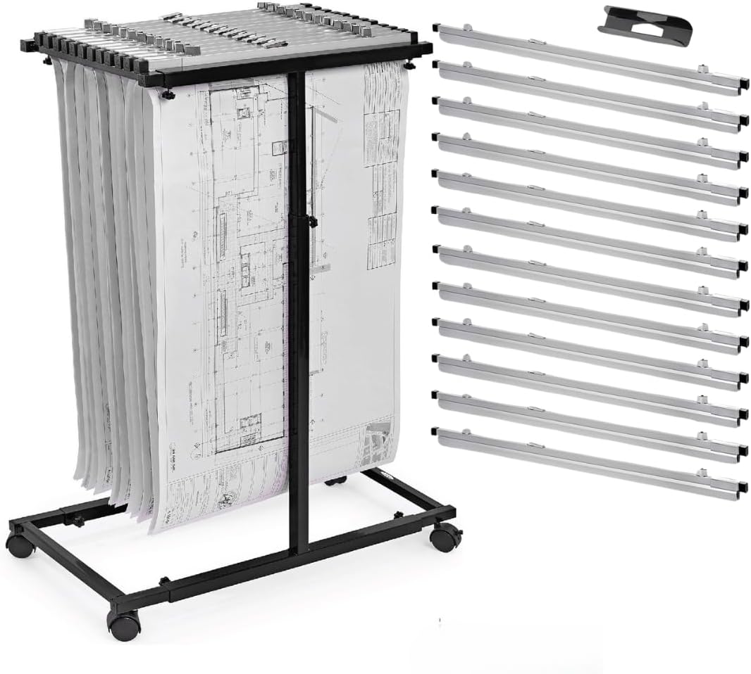 AdirOffice Blueprint Steel Vertical Plan Center, Black with 6036 30 in. Aluminum Hanging Clamps (6 Pack)
