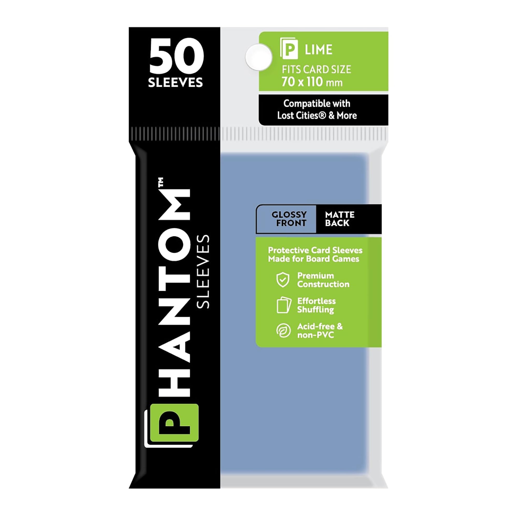 Phantom Sleeves: Lime Size 70 x 110mm: Glossy Front/Matte Back - 50 Pack - Transparent Protective Card Sleeves for Board Games & Trading Cards