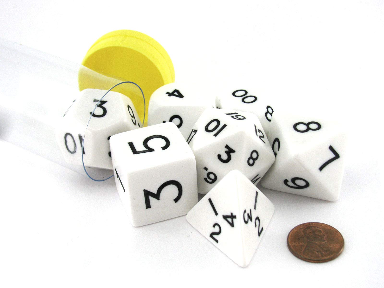 White Jumbo Size 7 Pc Polyhedral Dice Set D4, D6, D8, 2xd10, D12, D20