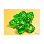 Rad Green Translucent Dice with White Numbers 7+1 Dice Set 16mm (5/8in) Chessex