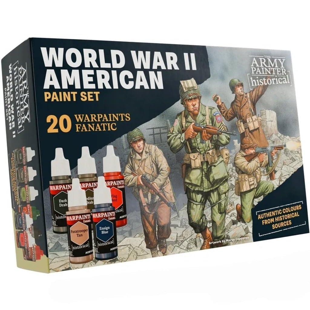 The Army Painter Historical, WWII American Paint Set, 20 x 18 ml Warpaints Fanatic, 14 Acrylic, 4 Washes, 1 Effect & 1 Metallic, Miniature Paint for U.S. Armed Forces in World War II
