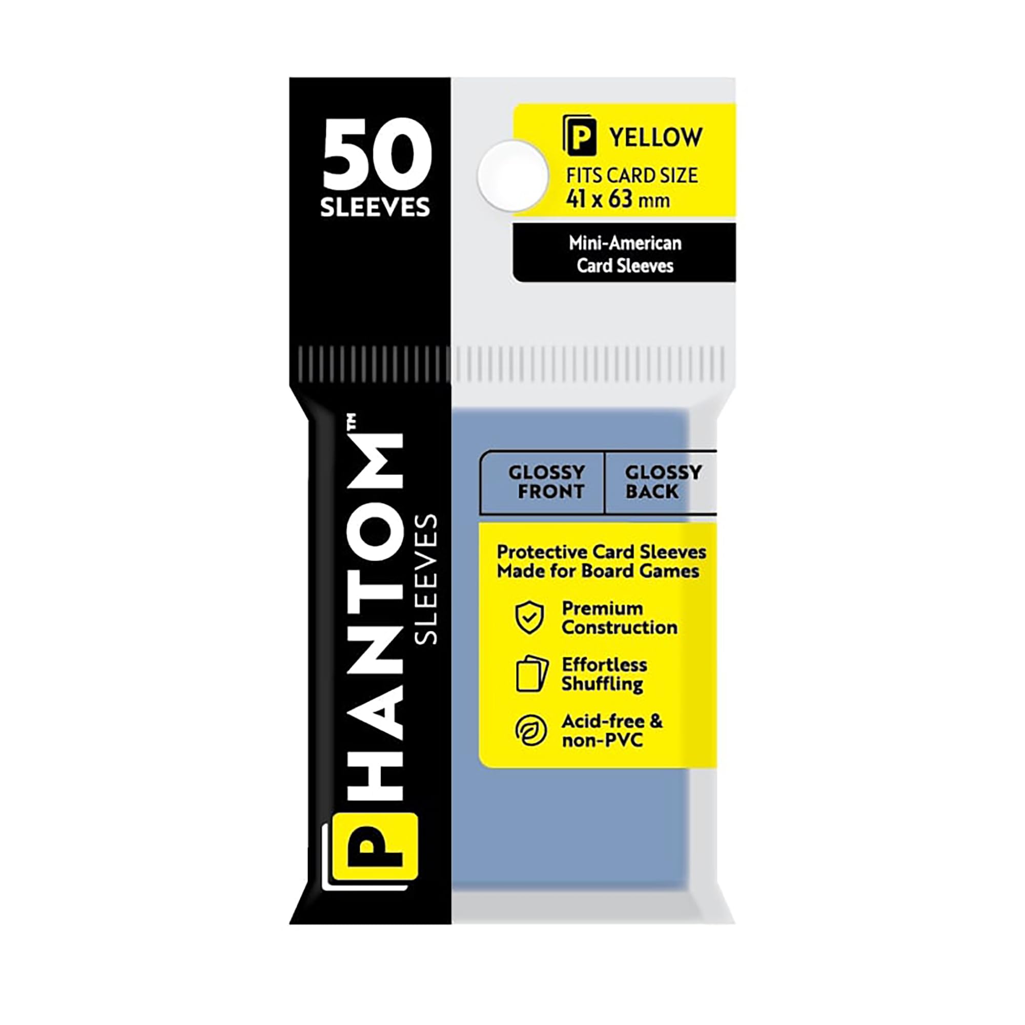 Phantom Sleeves: Yellow Size 41 x 63mm: Glossy Front/Back - 50 Pack - Transparent Protective Card Sleeves for Board Games, Trading Cards & Card Games