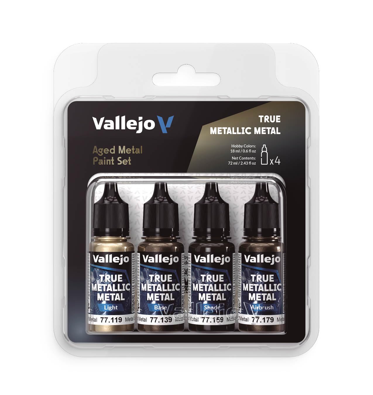 Vallejo - Aged Metal Paint Set | True Metallic Metal | Acrylic Colors for Painting Metal Effects on Fantasy, Historical, and Wargaming Miniatures | BSL System | 4 Bottles x 18 ml (0.6 fl.oz.)