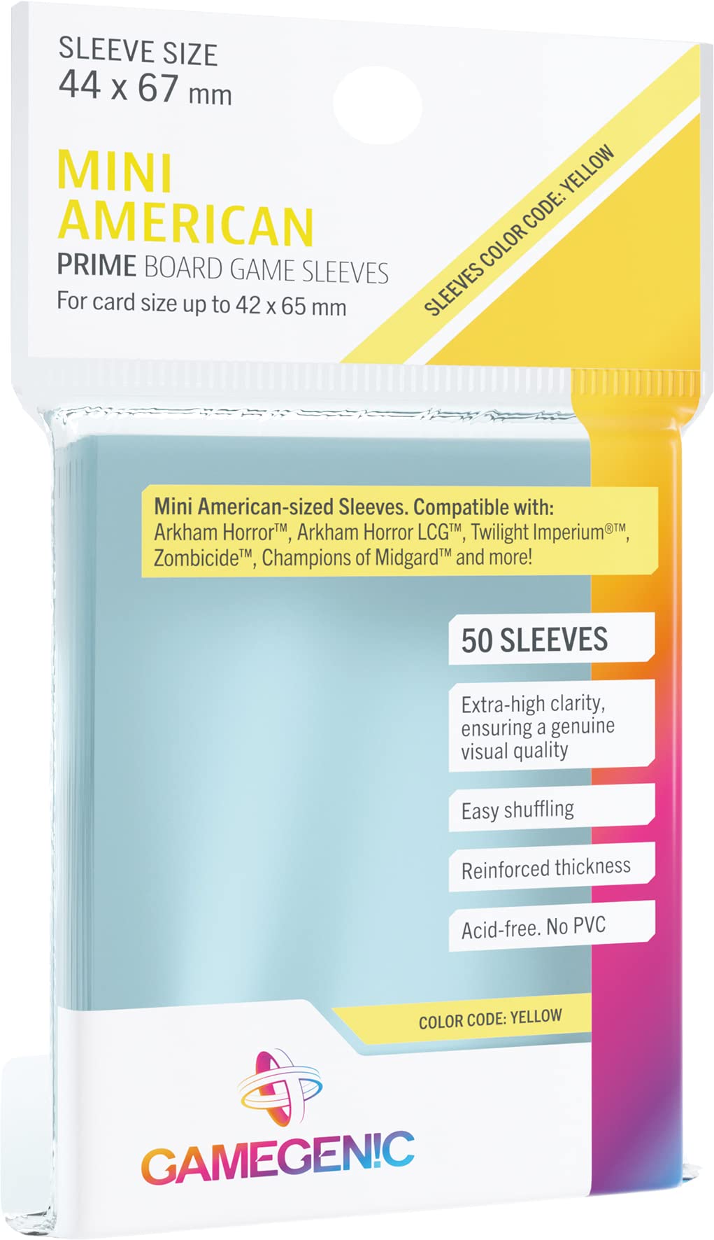 Prime Board Game Sleeves | Pack of 50 Extra-Clear Sleeves | 44 by 67 mm Card Sleeves Optimized for Mini American Card Games | Premium Card Protection | FFG Yellow Color Code | Made by Gamegenic