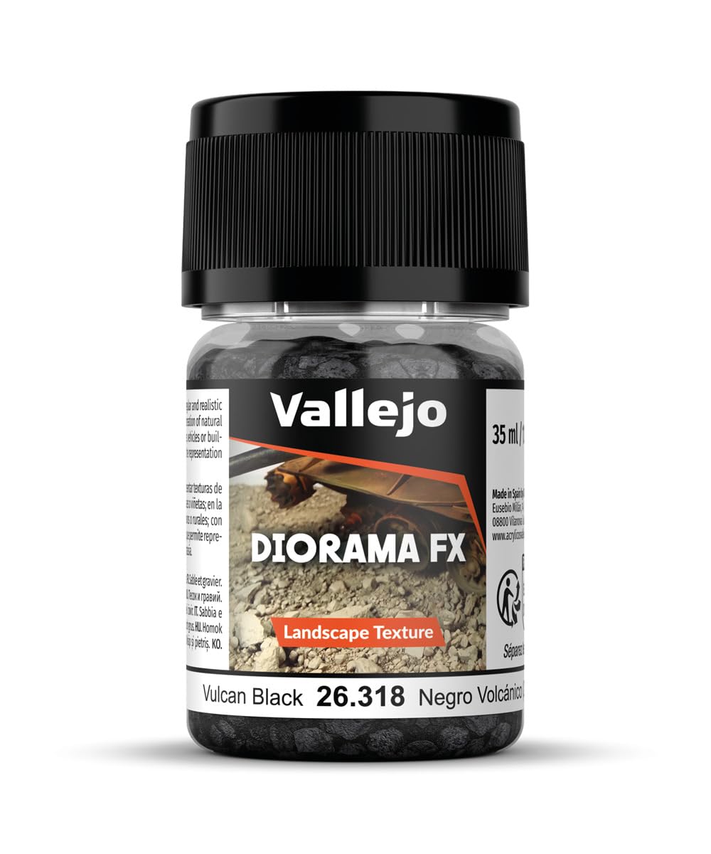 Vallejo - Diorama FX Landscape Textures | Vulcan Black 2 to 5 mm (0.08" to 0.2") Particle Size | Ideal Basing for Scenary and Dioramas | Bottle of 35 ml. (1.18 fl.oz.) | Weight 50 g. (1.76 oz.)