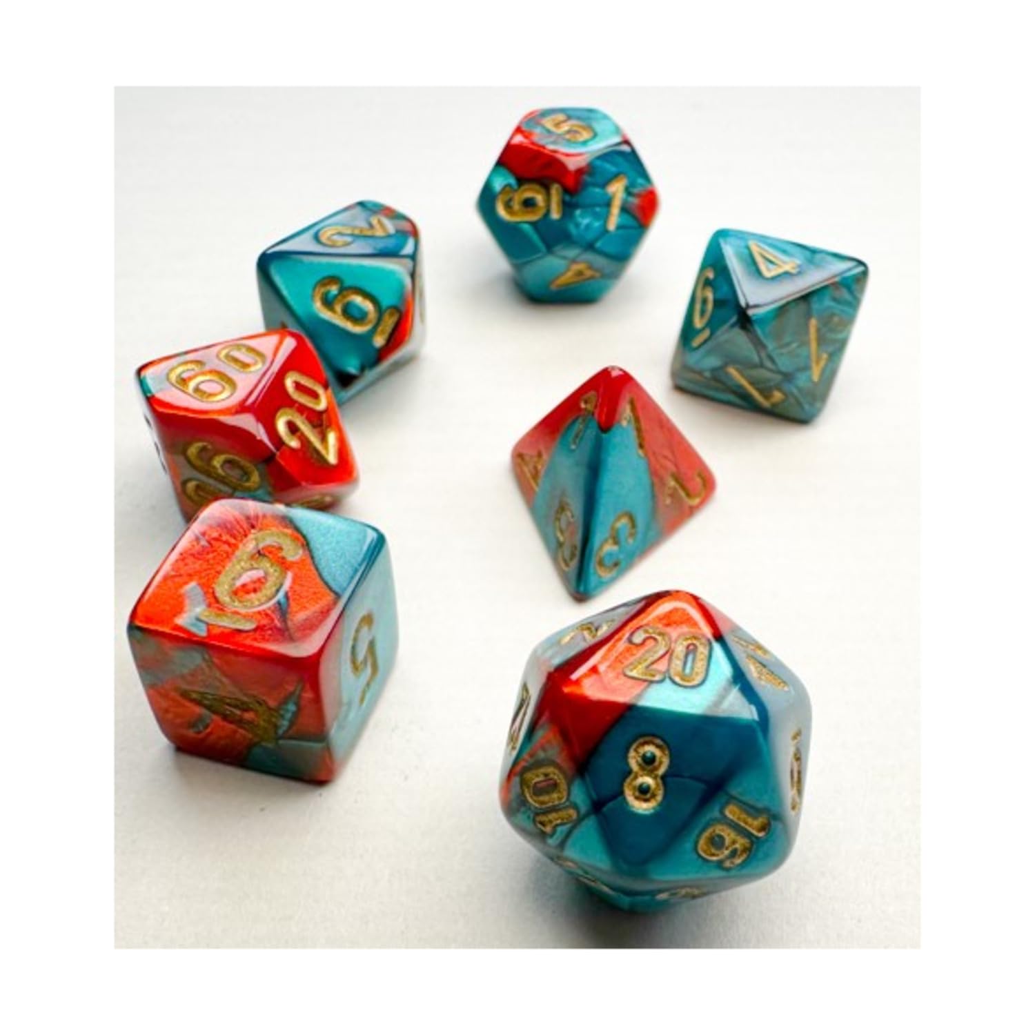 Red and Teal Gemini Mini Dice with Gold Colored Numbers 10mm (3/8in) Set of 7 Chessex