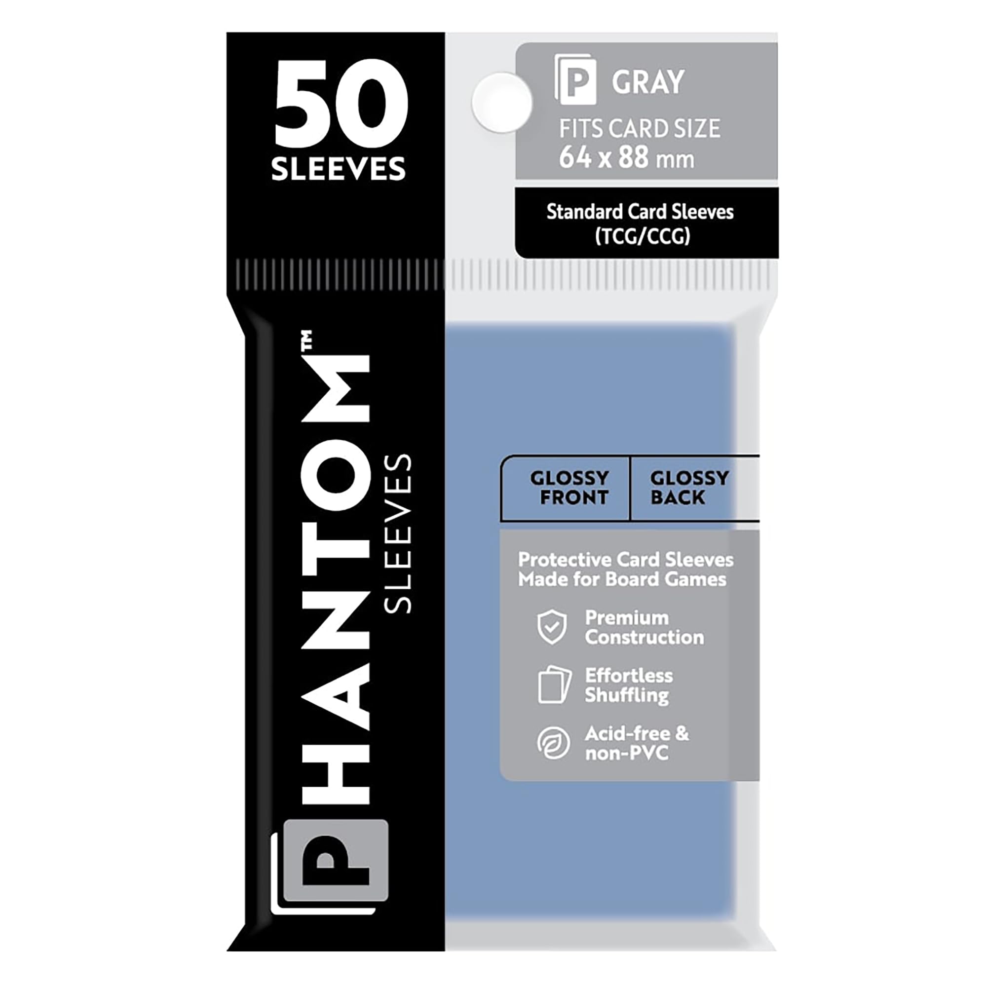 Phantom Sleeves: Gray Size 64 x 88mm: Glossy Front/Back - 50 Pack - Transparent Protective Card Sleeves for Board Games, Trading Cards & Card Games