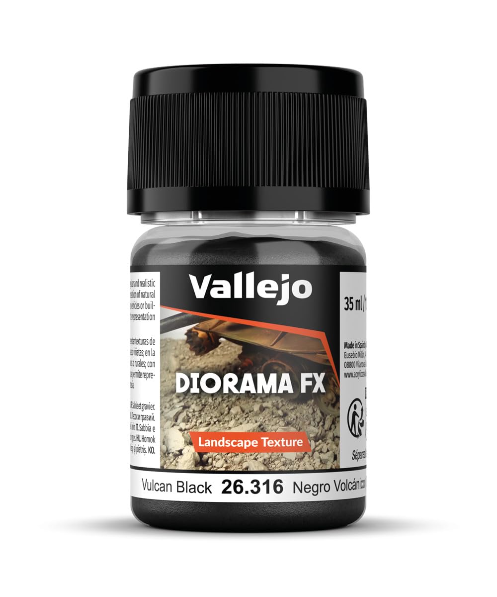 Vallejo - Diorama FX Landscape Textures | Vulcan Black 0.1 to 0.6 mm (0.004" to 0.024") Particle Size | Ideal Basing for Scenary and Dioramas | Bottle of 35 ml. (1.18 fl.oz.) | Weight 50 g (1.76 oz.)