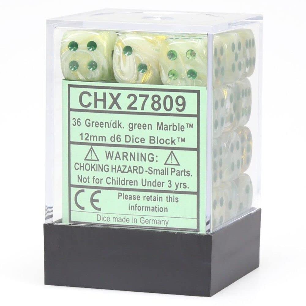 Chessex Dice-12mm Marble Green and Dark Green Plastic Polyhedral Dice Set- Dice Includes 36 Dice – D6, Various (CHX27809)