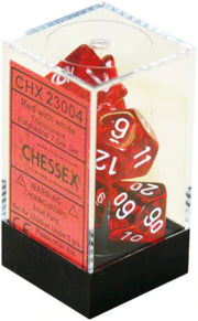 Chessex DND Dice Set-16mm Translucent Red and White Plastic Polyhedral Dice Set-Dungeons and Dragons Dice Includes 7 Dice - D4 D6 D8 D10 D12 D20 D%, Various (CHX23074)