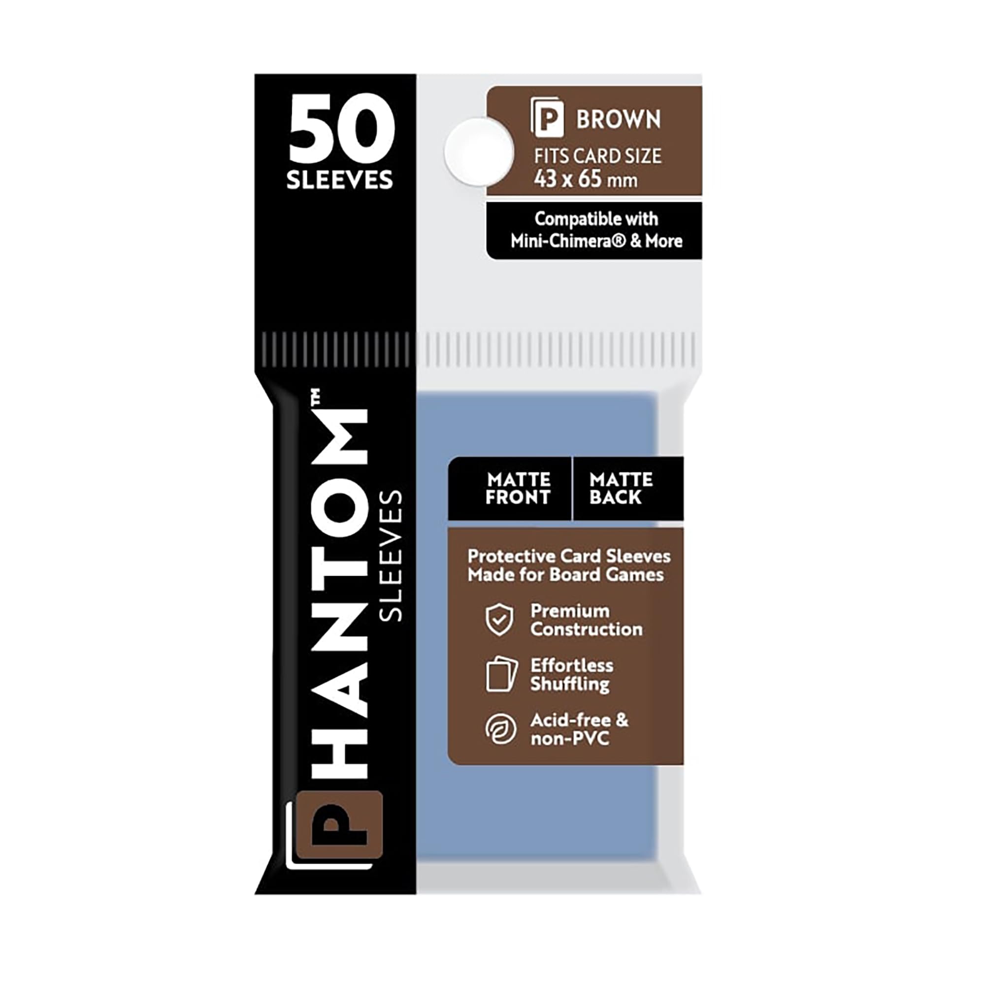 Phantom Sleeves: Brown Size 43 x 65mm: Matte Front/Back - 50 Pack - Transparent Protective Card Sleeves for Board Games, Trading Cards & Card Games