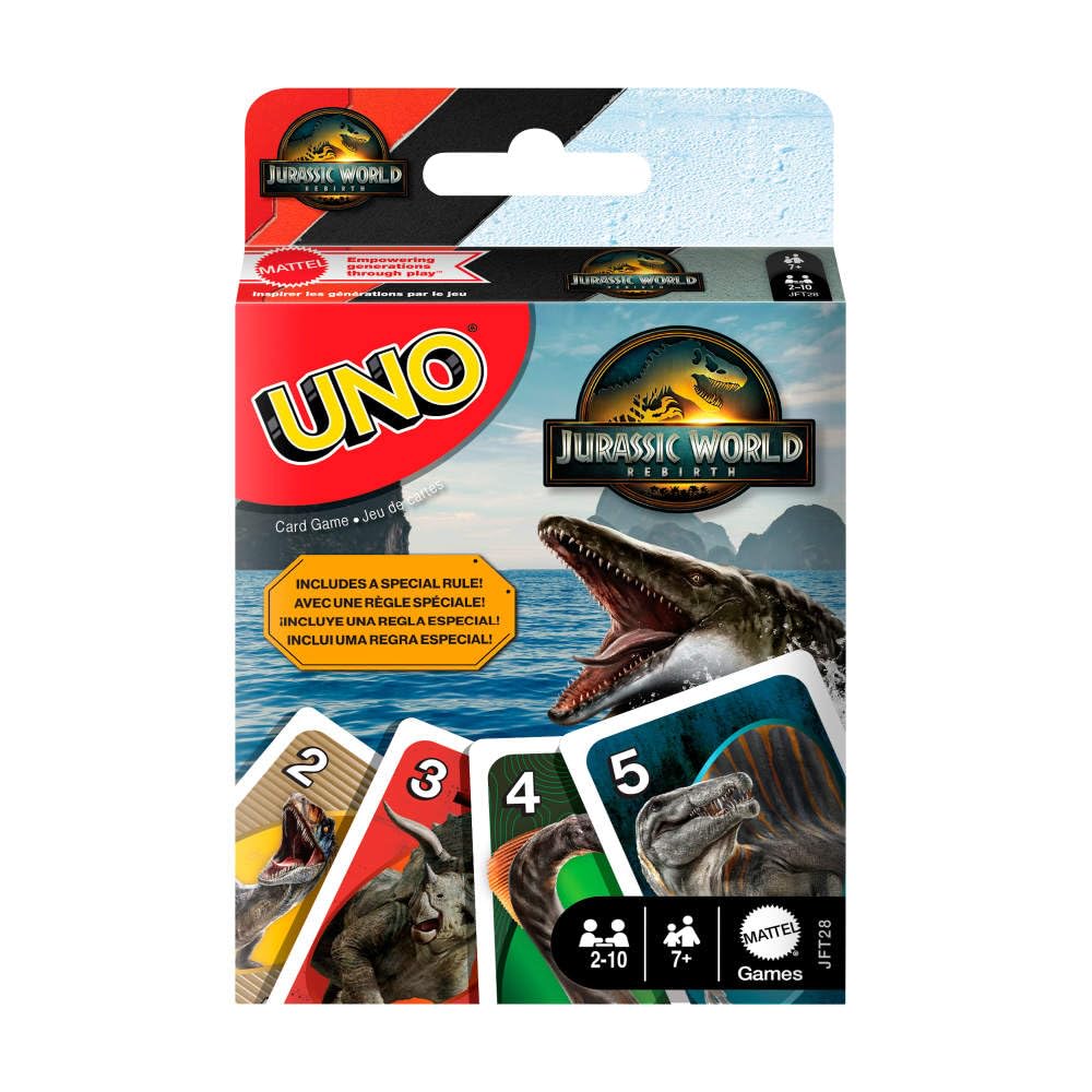 Mattel Games UNO Jurassic World Rebirth Card Game for Kids, Family & Adult Games Nights, Deck with Special Rule & Images Inspired by The Movie