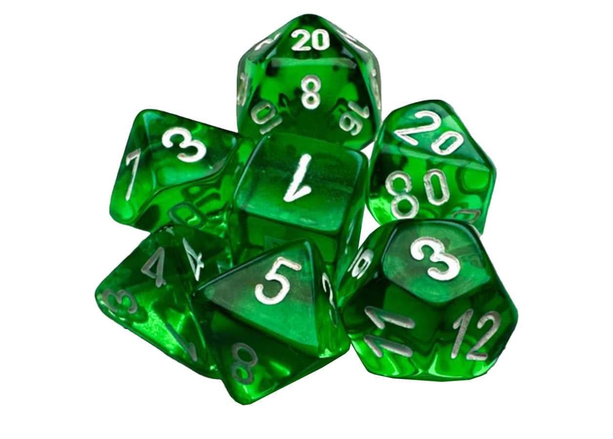 Green Translucent Mini Dice with White Numbers 10mm (3/8in) Set of 7 Chessex