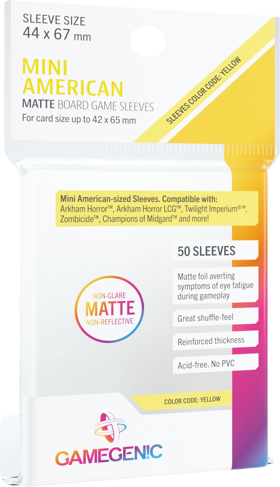 Matte Board Game Sleeves | Pack of 50 Matte Sleeves | 44 by 67 mm Card Sleeves Optimized for Mini American Card Games | Premium Card Protection | FFG Yellow Color Code | Made by Gamegenic