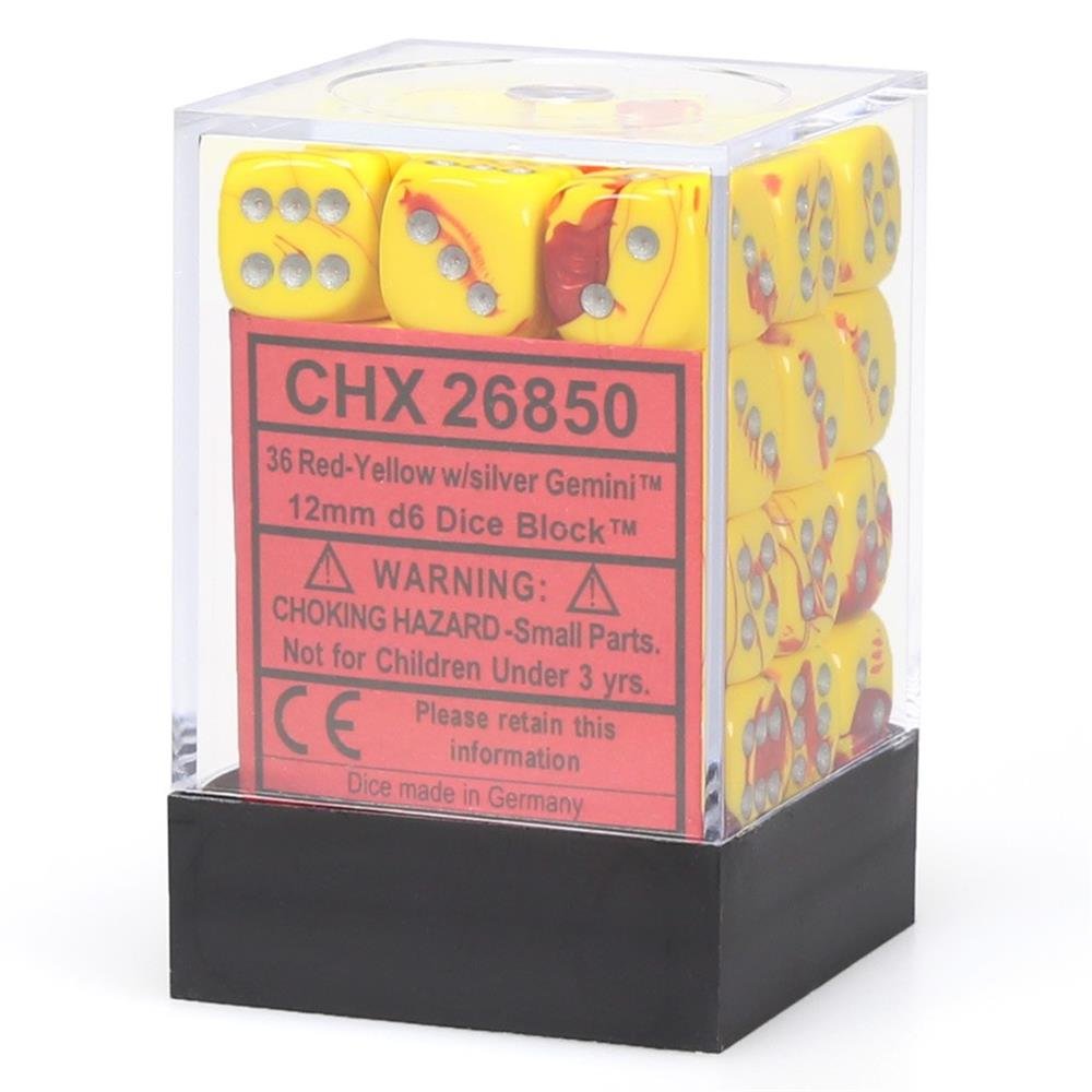 Chessex 12mm Gemini Red, Yellow & Silver Polyhedral Dice Set – Compatible with Dungeons & Dragons, Pathfinder & Other Tabletop RPGs – Includes 36 D6 Dice (CHX26850)