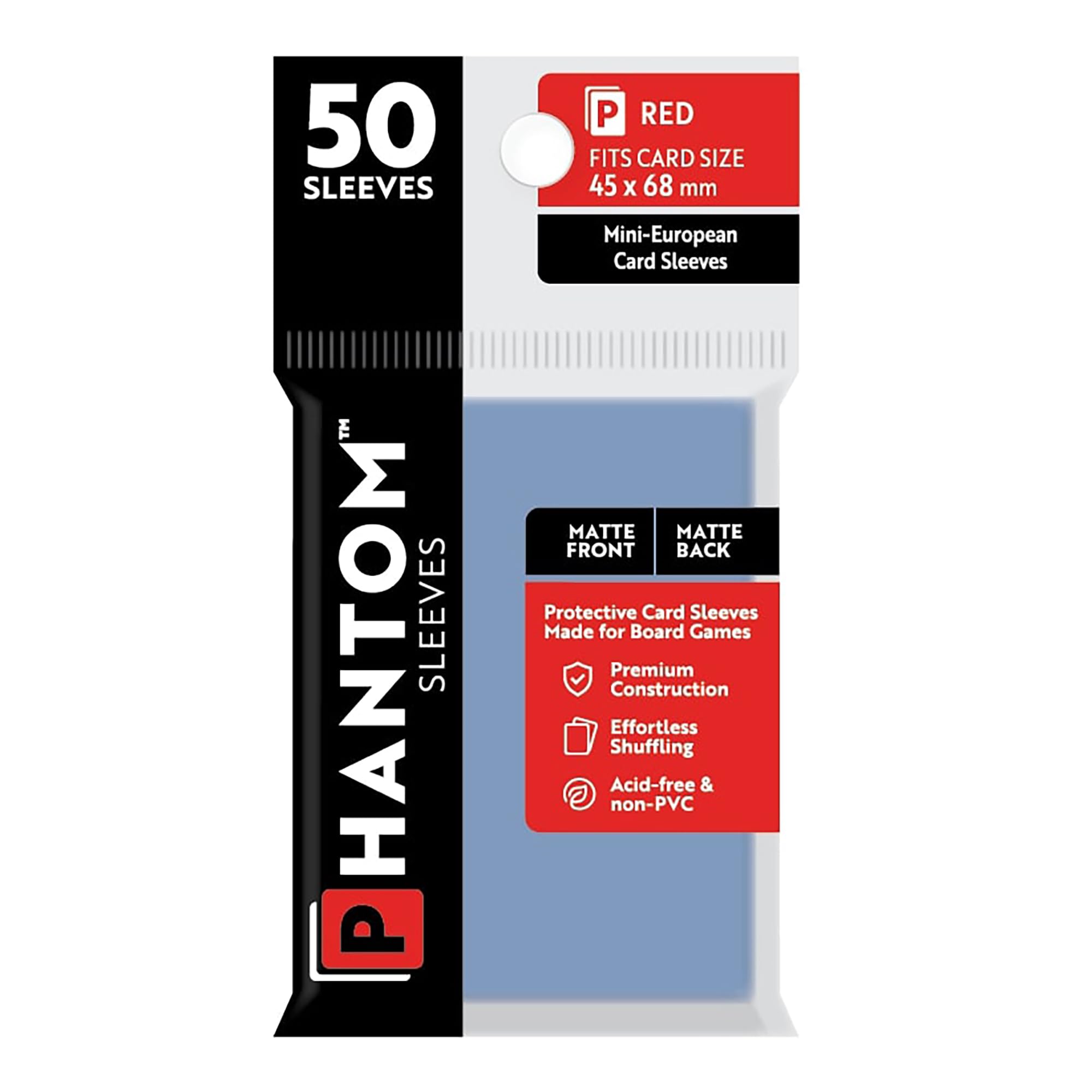 Phantom Sleeves: Red Size 45 x 68mm: Matte Front/Back - 50 Pack - Transparent Protective Card Sleeves for Board Games, Trading Cards & Card Games
