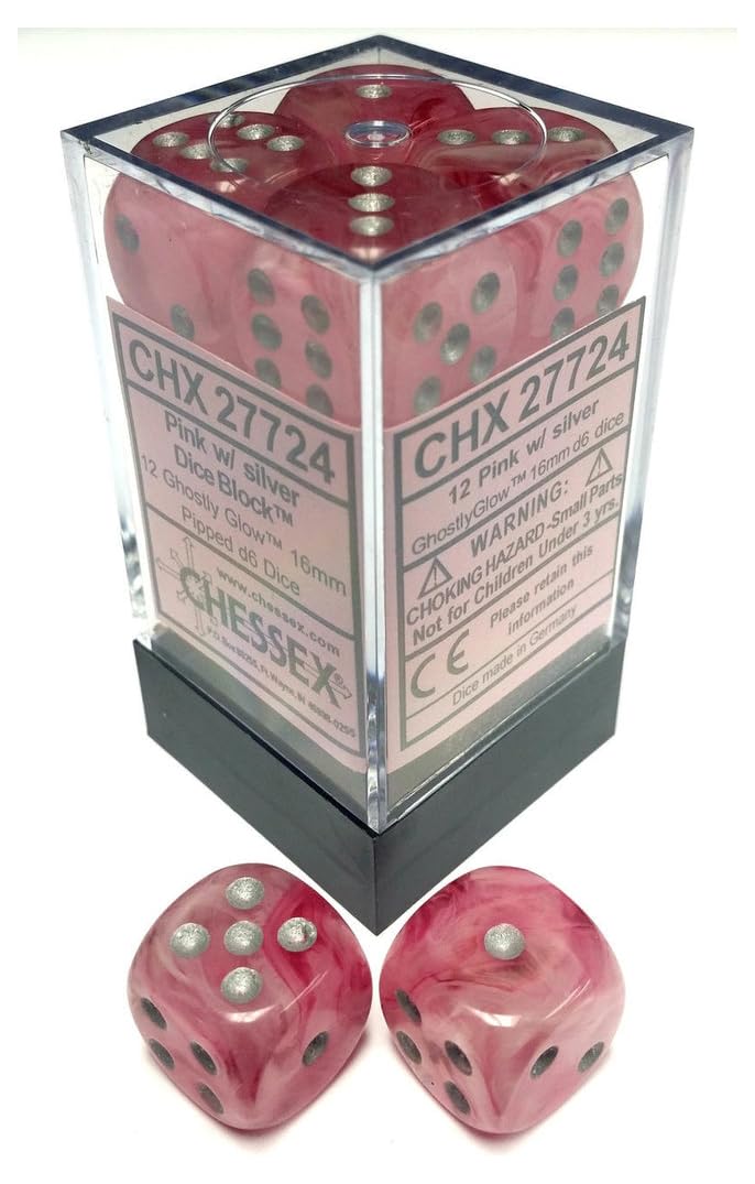 DND Dice Set-Chessex D&D Dice-16mm Ghostly Glow Pink and Silver Plastic Polyhedral Dice Set- for Dungeons and Dragons Dice Includes 12 Dice – D6, Various (CHX27724)