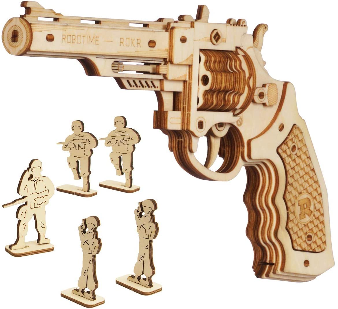 ROBOTIME Wooden Rubber Band Revolver Kit for Kids, Ages 6-10, Unisex, Classic Style, Brown, 5m Range, 102 Pieces
