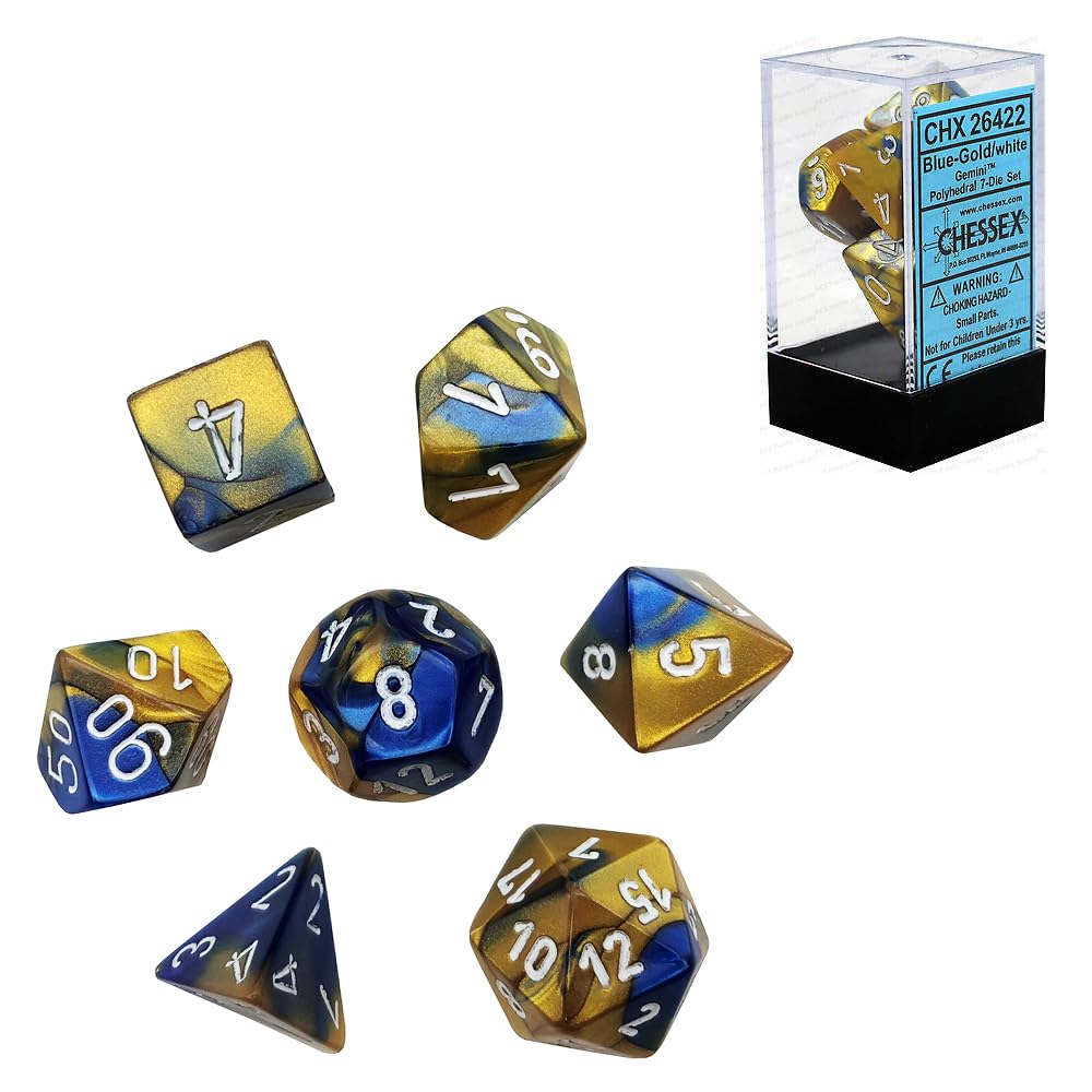 Chessex Polyhedral Cube Gemini Set Of 7 Dice - Blue & Gold With White Numbering CHX-26422