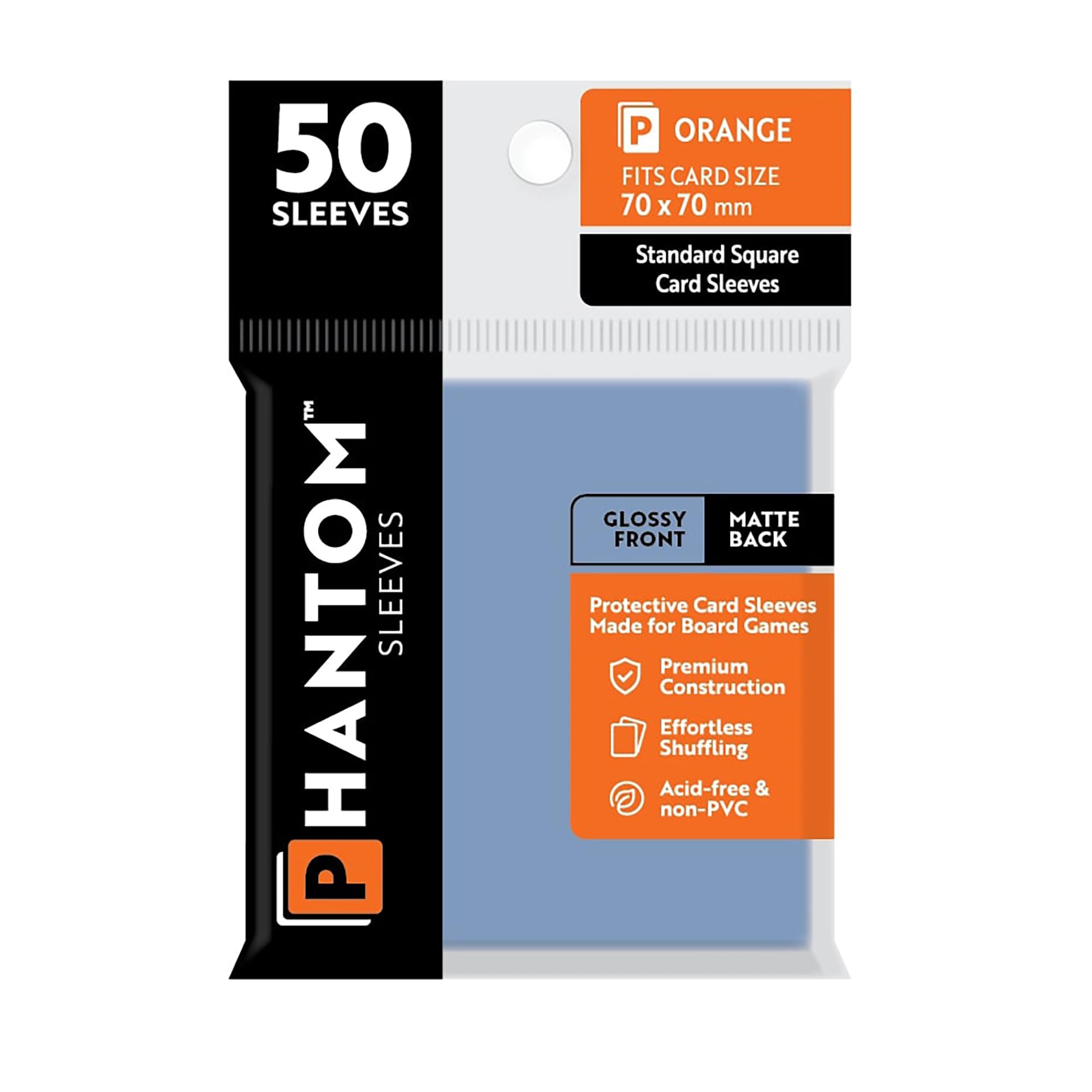 Phantom Sleeves: Orange Size 70 x 70mm: Glossy Front/Matte Back - 50 Pack - Transparent Protective Card Sleeves for Board Games & Trading Cards