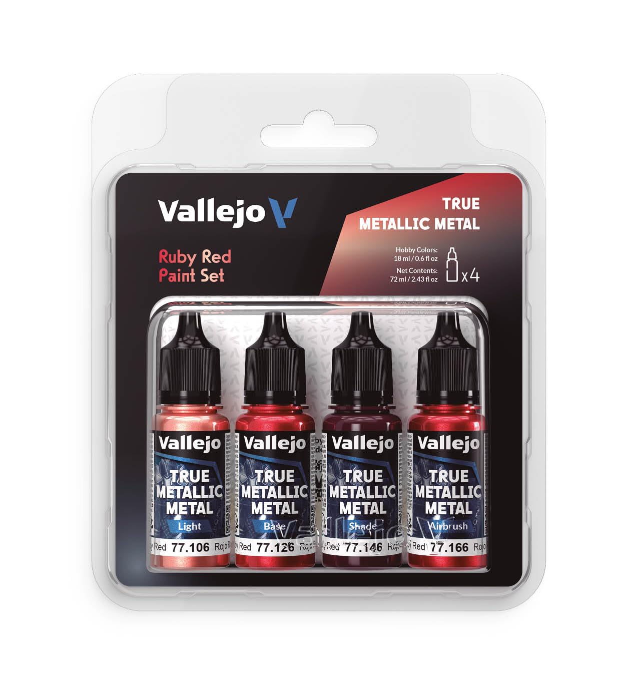 Vallejo - Ruby Red Paint Set | True Metallic Metal | Acrylic Colors for Painting Metal Effects on Fantasy, Historical, and Wargaming Miniatures | BSL System | 4 Bottles x 18 ml (0.6 fl.oz.)