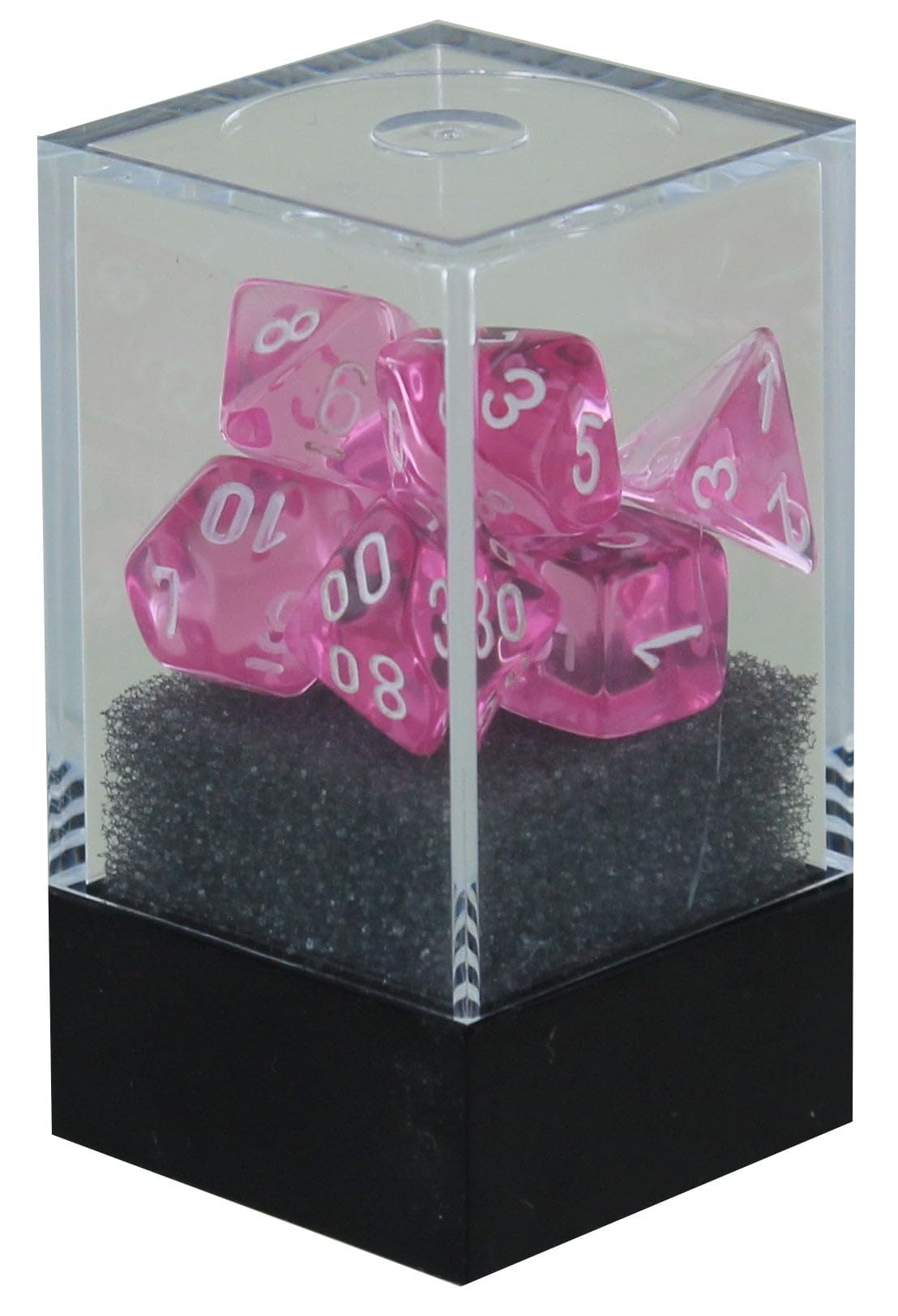 Pink Translucent Mini Dice with White Numbers 10mm (3/8in) Set of 7 Chessex