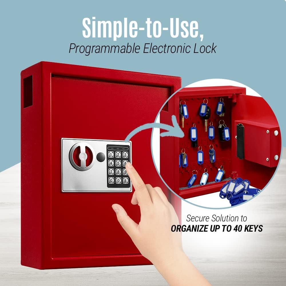 40-Key Steel Digital Lock Key Cabinet, Red