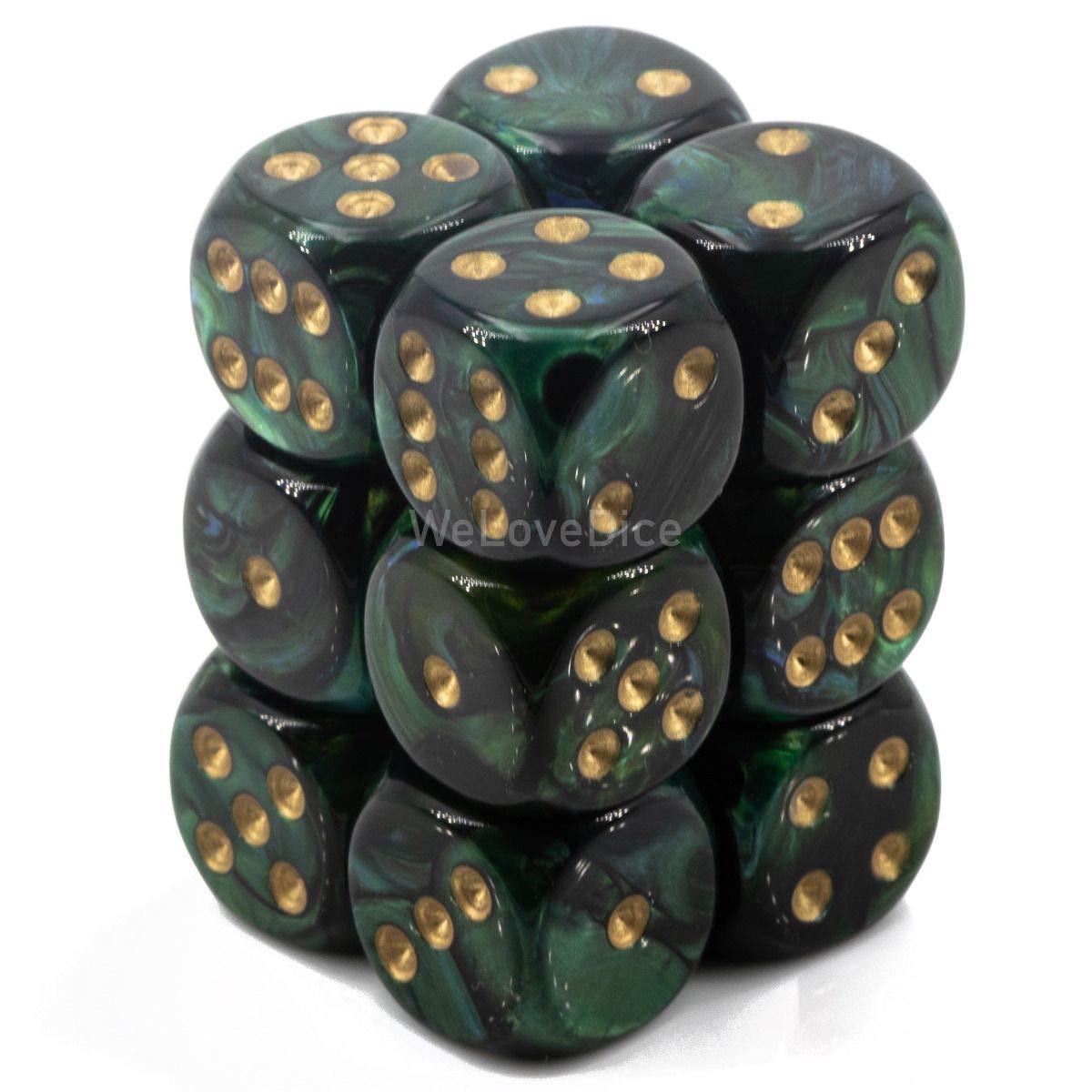 Scarab 16mm d6 Jade/Gold Dice Block 12 pipped dice…
