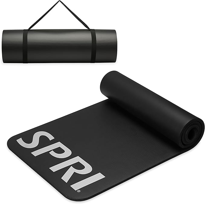 SPRI 12mm Pro Fitness Matt (Black)- Thick Exercise Mat for Floor Workouts, Sit-Ups, Push-Ups, Stretching, Toning, and General Fitness - Non-Slip Texture, Cushioned, Portable Rolling Mat with Carrying Strap