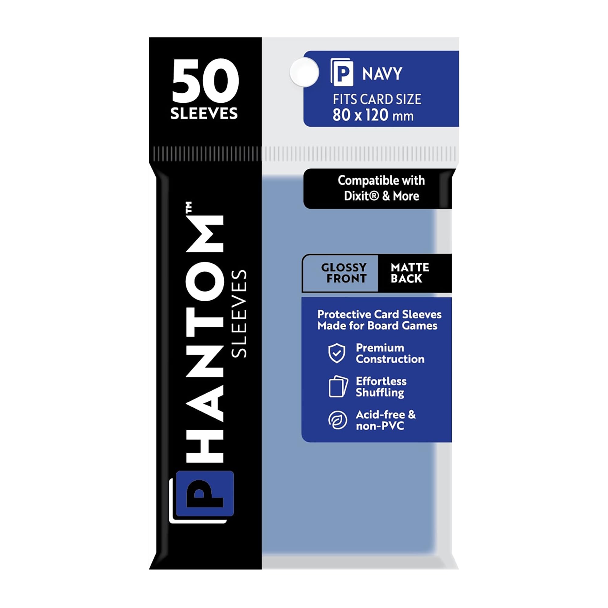 Phantom Sleeves: Navy Size 80 x 120mm: Glossy Front/Matte Back - 50 Pack - Transparent Protective Card Sleeves for Board Games & Trading Cards