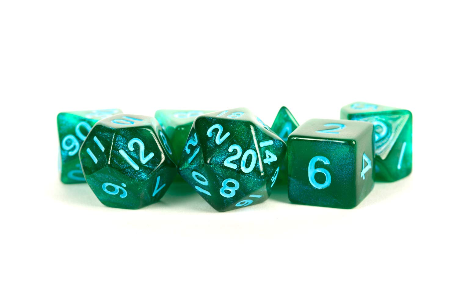 Metallic Dice Games Green Stardust Resin Dice with Blue Numbers 16mm (5/8in) 7-Dice Set
