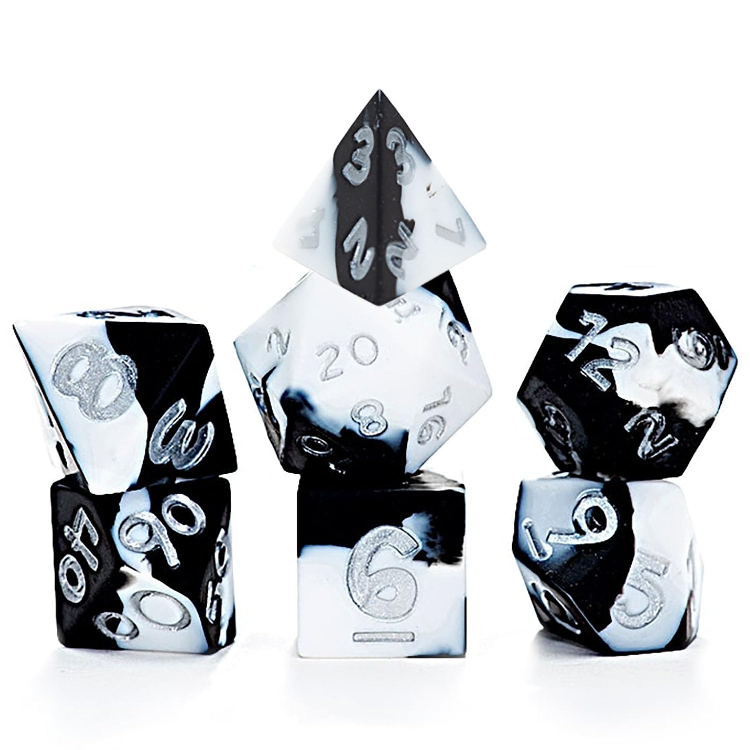 Gate Keeper Games & Dice: Anti-Stress Dice - Poofy Panda - 7pc RPG Set, Splotchy Black &Panda White Silicone Swirled, Role Playing Games Accessory