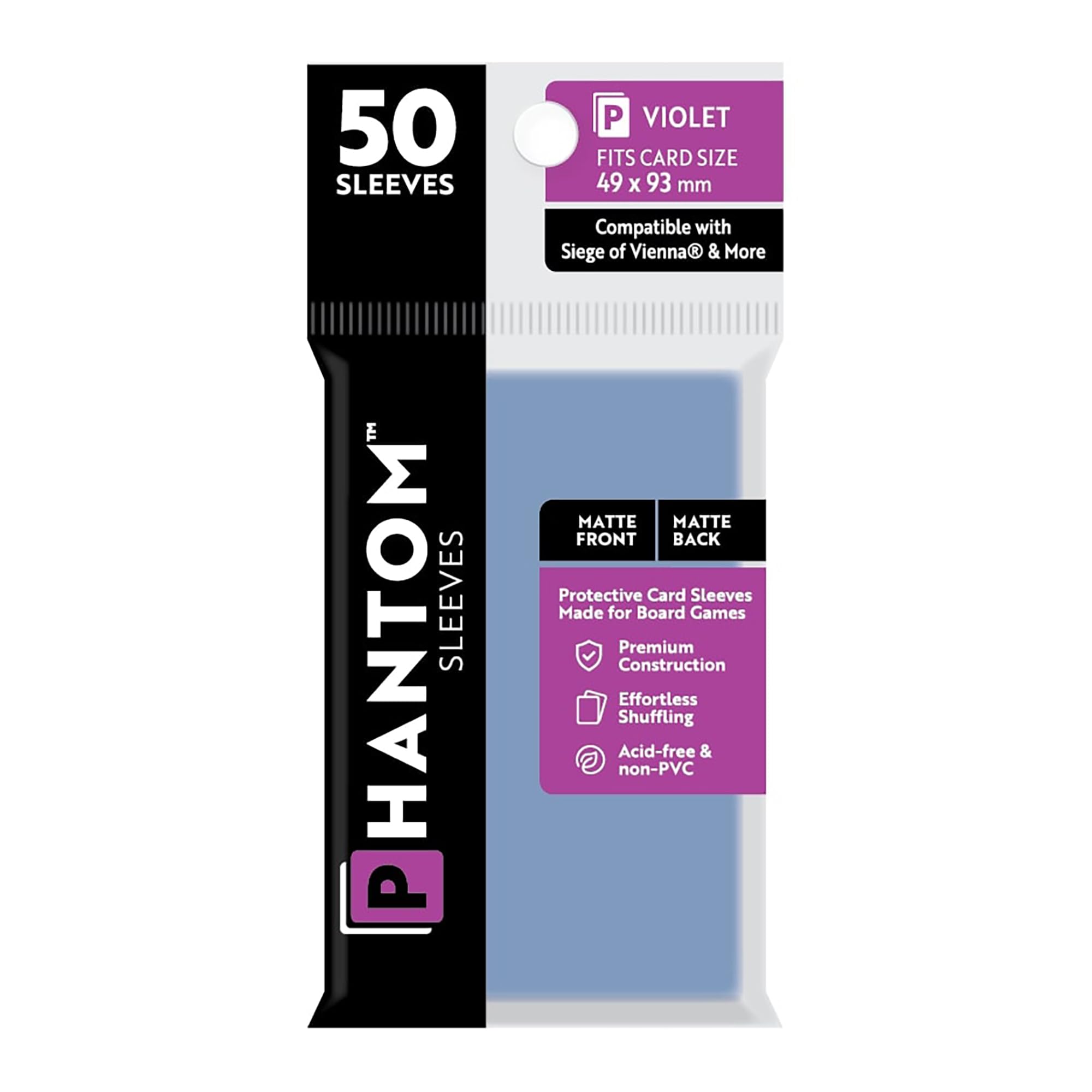Phantom Sleeves: Violet Size 49 x 93mm: Matte Front/Back - 50 Pack - Transparent Protective Card Sleeves for Board Games, Trading Cards & Card Games