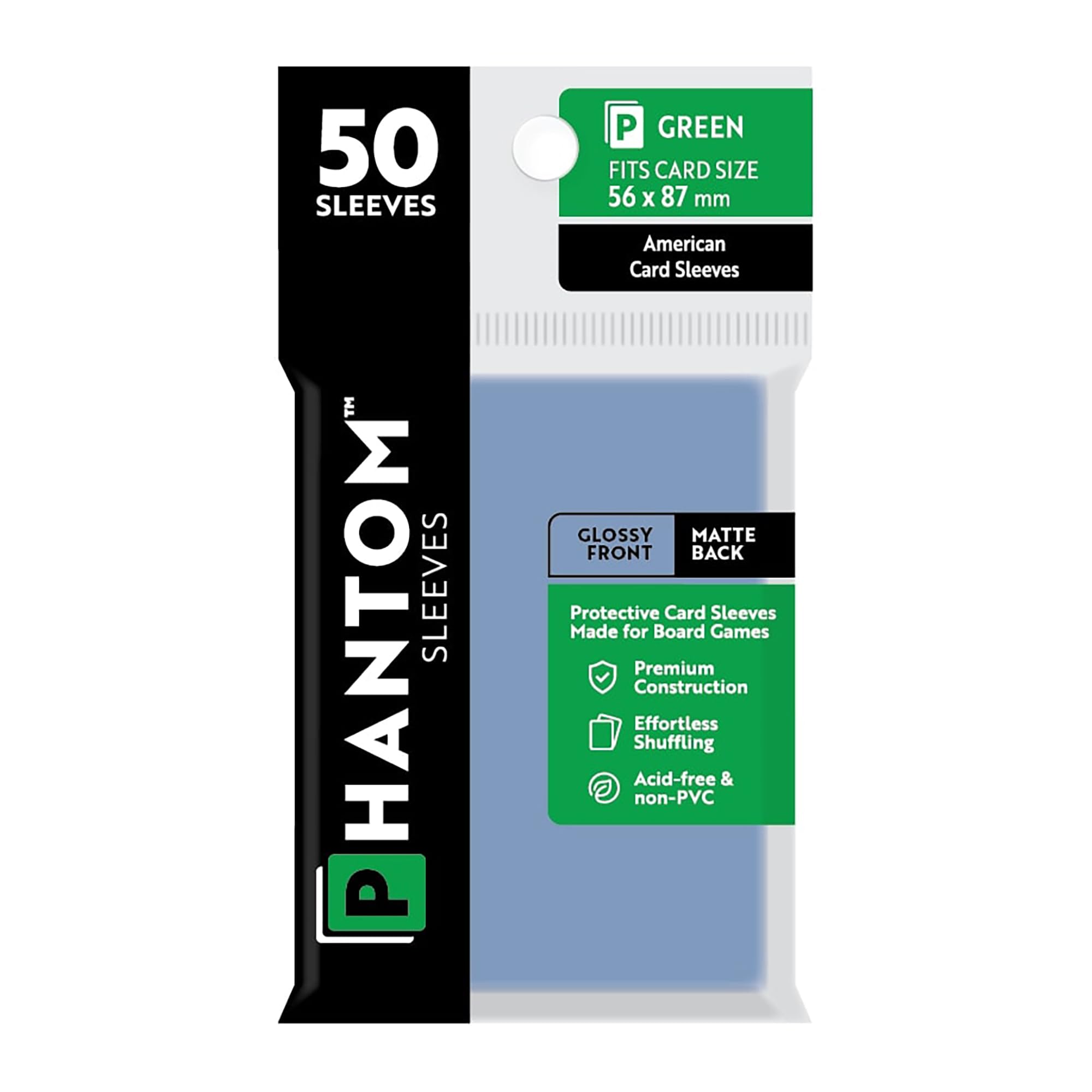 Phantom Sleeves: Green Size 56 x 87mm: Glossy Front/Matte Back - 50 Pack - Transparent Protective Card Sleeves for Board Games & Trading Cards