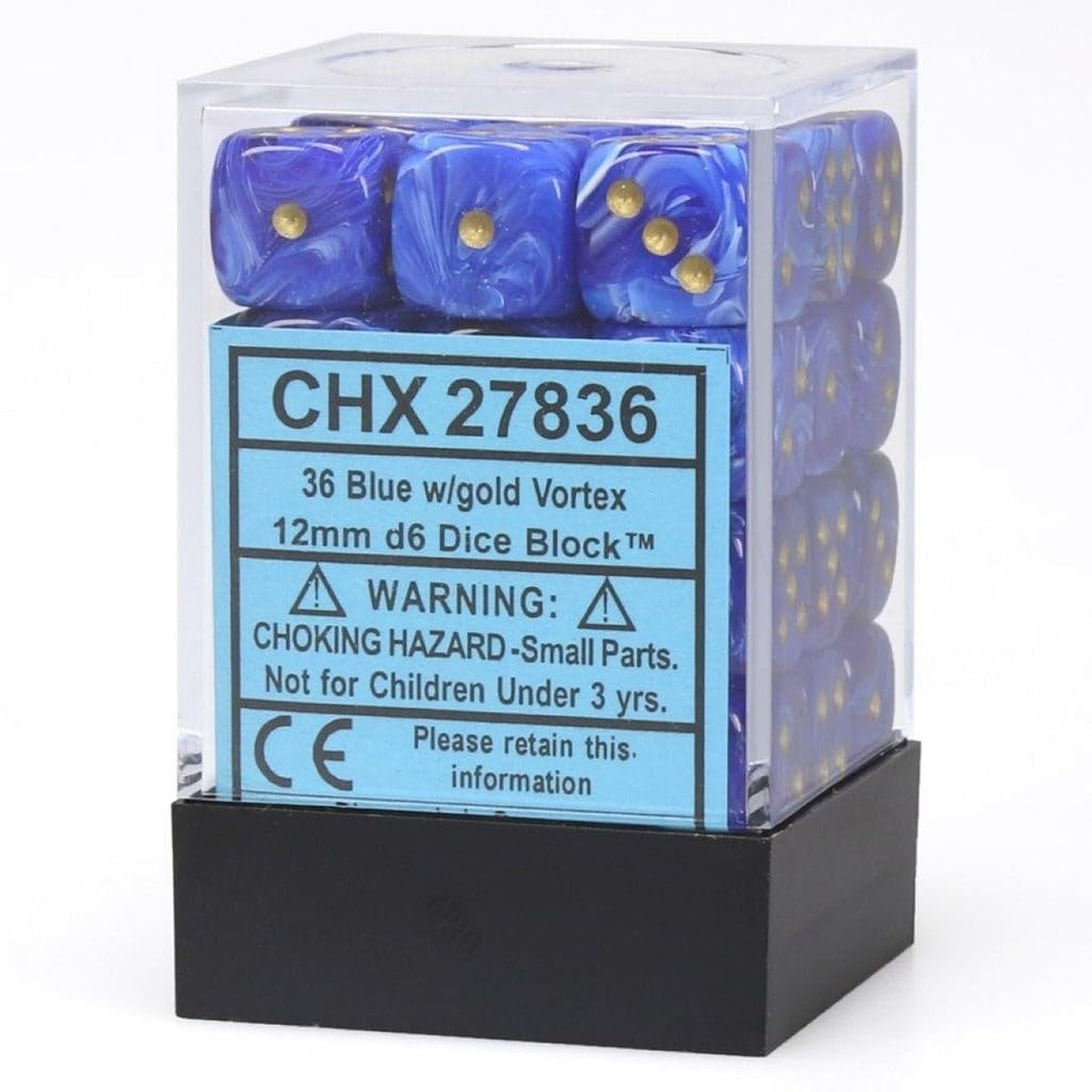DND Dice Set-Chessex D&D Dice-12mm Vortex Blue and Gold Plastic Polyhedral Dice Set-Dungeons and Dragons Dice Includes 36 Dice – D6