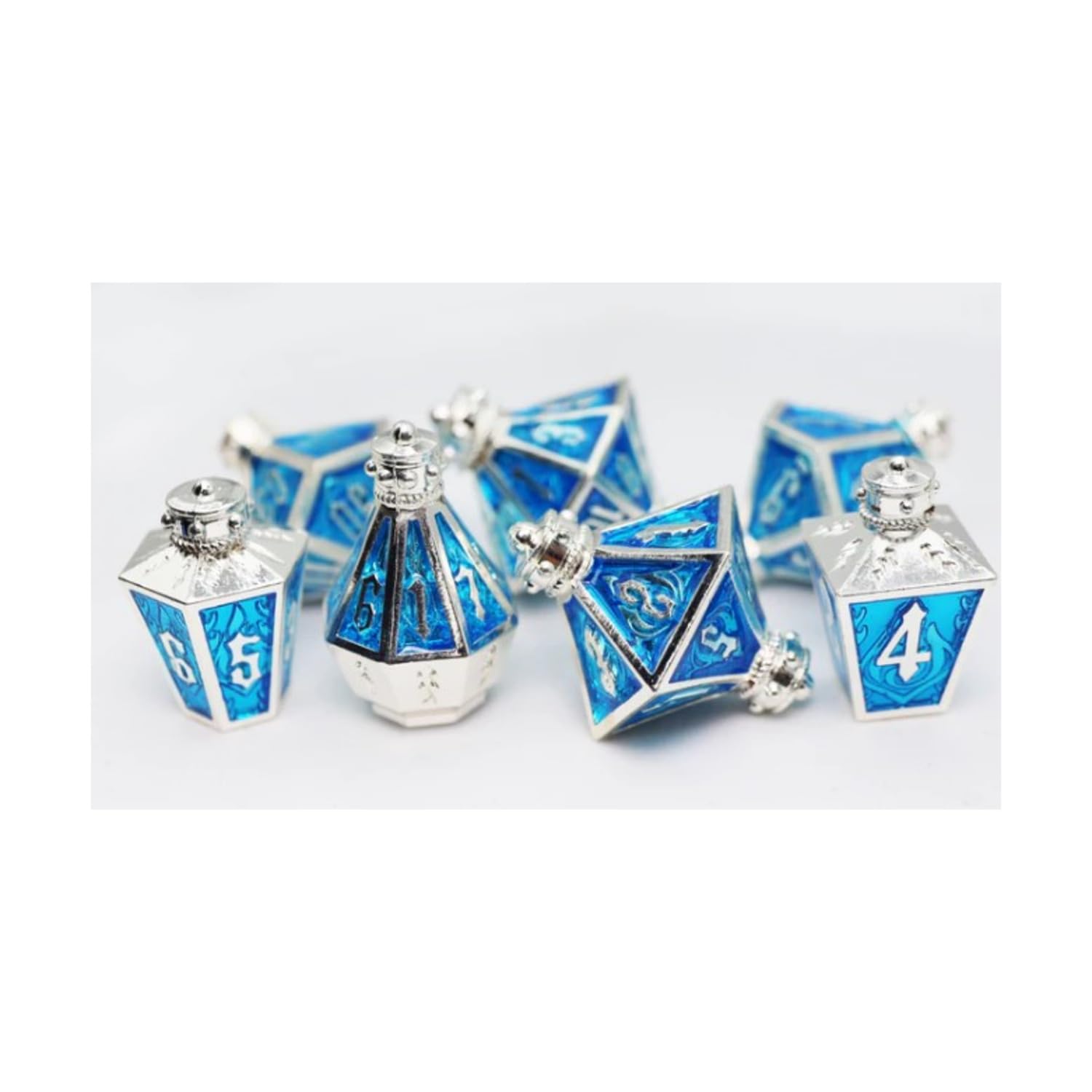 Moonlit Lantern: Silvered Frostfire - Metal RPG Dice Set