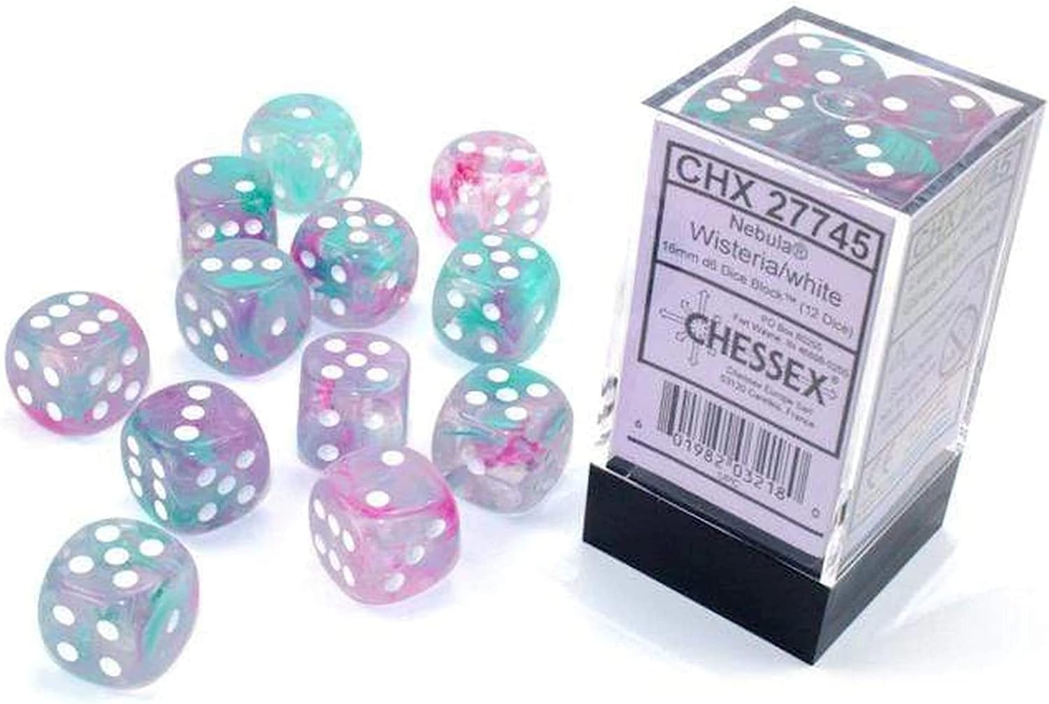 Chessex Nebula 16mm d6 Wisteria/White w/Luminary Dice Block (12 dice)
