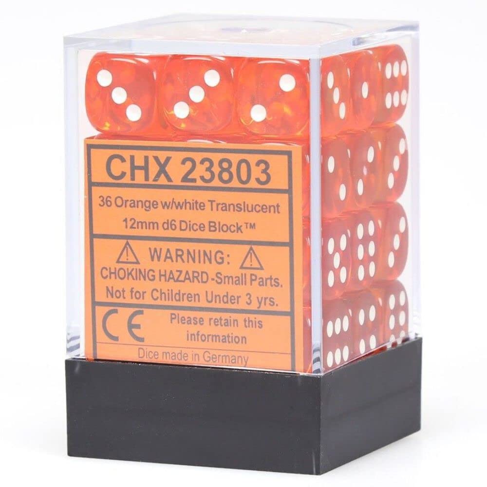 Chessex DND Dice Set D&D Dice-12mm Translucent Orange and White Polyhedral Dice Set-Dungeons and Dragons Dice Includes 36 Dice – D6