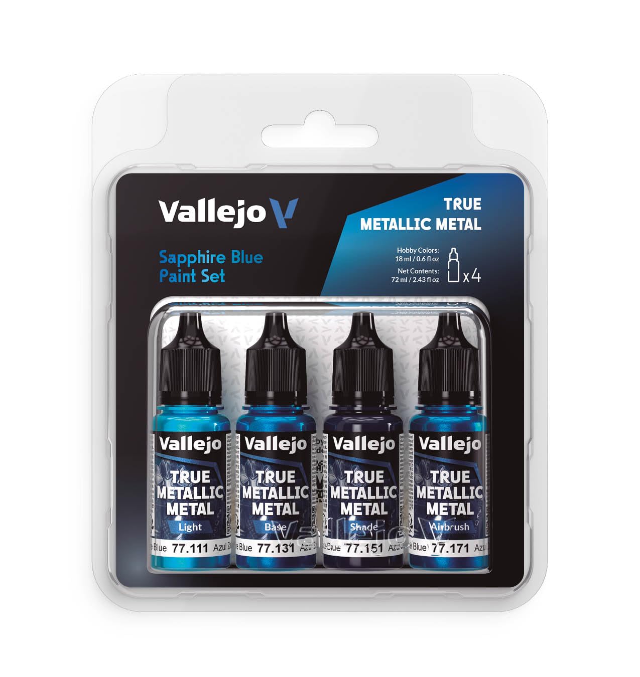 Vallejo - Sapphire Blue Paint Set | True Metallic Metal | Acrylic Colors for Painting Metal Effects on Fantasy, Historical, and Wargaming Miniatures | BSL System | 4 Bottles x 18 ml (0.6 fl.oz.)