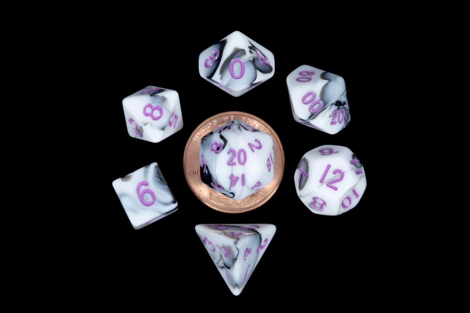 Mini Poly Dice Set - Marble w/ Purple Numbers