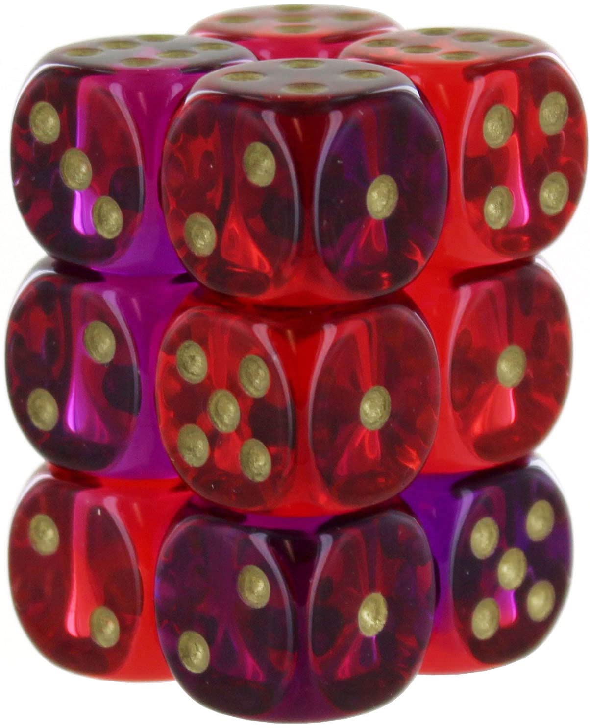 Chessex: Gemini: 16mm d6 Translucent Red-Violet/Gold Dice Block (12 Dice)
