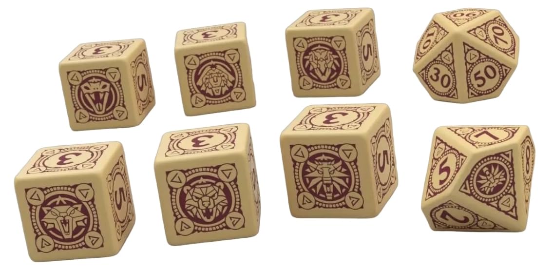The Wticher TTRPG Essential Dice Set – R. Talsorian Dice Set – 12mm Bone Ivory Dice with Mahagony Details – Compatible with TTRPG, RPG, D&D, DND, Dungeons and Dragons – Includes 8 Dice – D6 D10